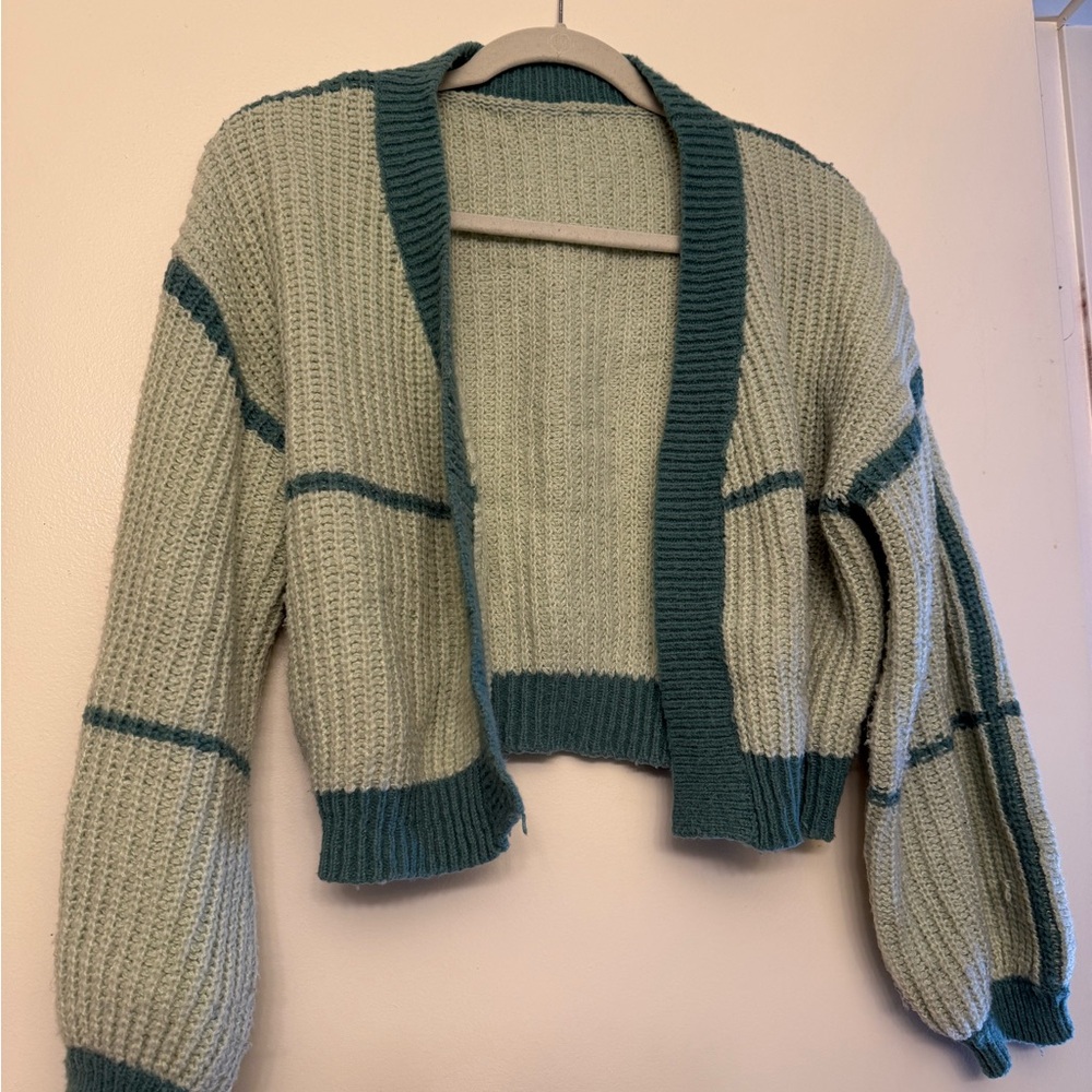 SHEIN Sage Green Cropped Open-Front Cardigan with Dark Green Trim